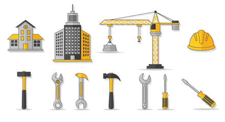 Construction illustration of crane, buildings, tools and safety equipment on white background
