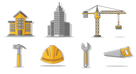 Construction site elements set, building, crane, and tools illustration for the industry