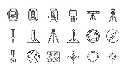 Collection of surveying and cartography equipment, engineering instruments vector line icons