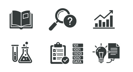 Collection of knowledge, research, and analytical vector icons representing business science