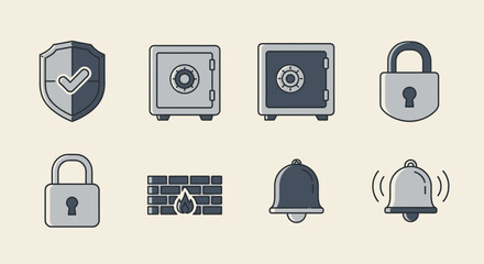 Security and safety icon set featuring shield, safe, padlock, brick wall, and bell design