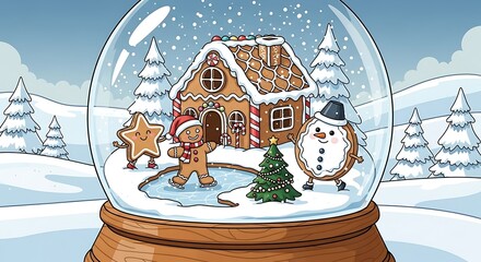 Whimsical Christmas Snow Globe with a Gingerbread House Scene.
