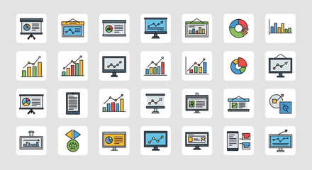 Vector icon set for business presentations and financial analysis depicting charts and graphs