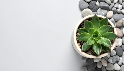 Obraz premium 조약돌 위 아이보리 화분 속 에케베리아 다육이의 미니멀한 탑뷰 구성 Top view of Echeveria succulent in ivory pot surrounded by pebbles on light gray background