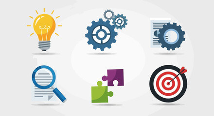 Flat design icons representing business strategy, analysis and development themes