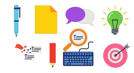 Colorful graphic representation of writing, editing and communication concepts on white