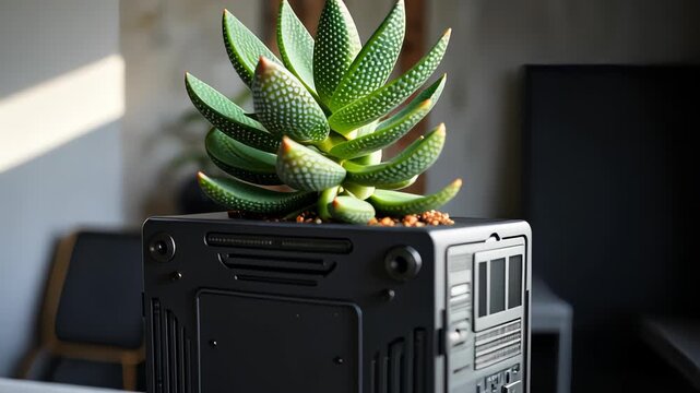 A Modern and Stylish Cube-shaped Planter Featuring a Vibrant Green Succulent on a Textured Indoor Surface in a Minimalist Setting