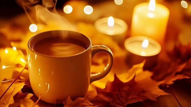 Steaming cup of hot beverage with candles