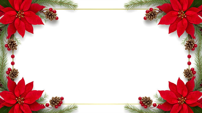 Festive Christmas frame featuring red poinsettias, pine cones, berries, and evergreen branches arranged around a white oval space.