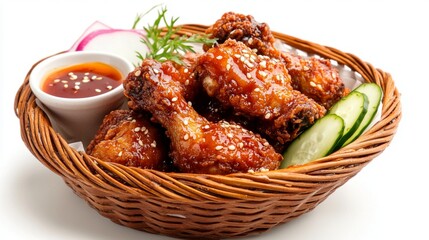Crispy golden Korean fried chicken glazed with soy garlic sauce, served in a basket with sesame seeds and sliced scallions, paired with pickled radish and dipping sauces on white background.