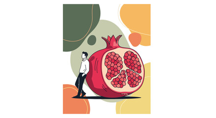 Abstract Illustration of A Person and A Massive Ruby-Red Pomegranate, Minimalist Design