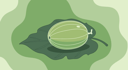 Abstract Illustration of Green Fruit Resting on a Green Leaf, Digital Artwork