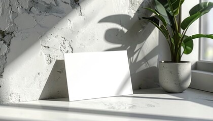 Elegant blank card mockup with plant and natural light.