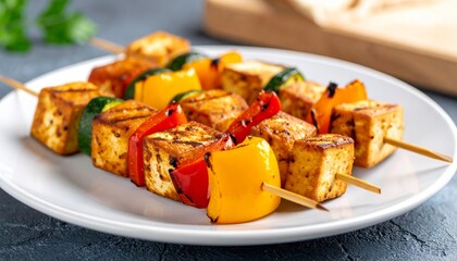 Colorful Grilled Tofu Skewers with Fresh Vegetables on Plate