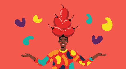 Abstract Illustration of Person Balancing Peppers with Colorful Shapes on Red Background