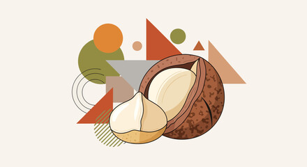 Abstract Macadamia Nut Illustration With Geometric Shapes And Neutral Background