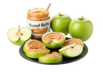 Delicious and healthy snack granny smith apples with creamy peanut butter and a jar isolated on transparent background perfect for a quick and satisfying treat
