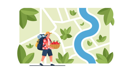 Adventurer Harvesting Fruit Finds His Way Through Wildlands Via Map Guidance
