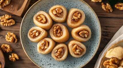 Golden-brown Korean walnut-shaped pastries filled with red bean paste and walnut pieces, displayed on a plate.