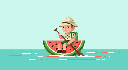 Adventurous Explorer Paddling a Watermelon Boat On Calm Blue Ocean Waters