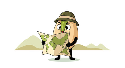 Adventurous Pistachio Character Navigating World Map: Illustration for Travel and Exploration