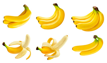 realistic photograph presenting six separate groupings of ripe yellow bananas, including full...