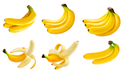 realistic photograph presenting six separate groupings of ripe yellow bananas, including full bunches and individual fully peeled fruits, isolated against a deep transparent background.
