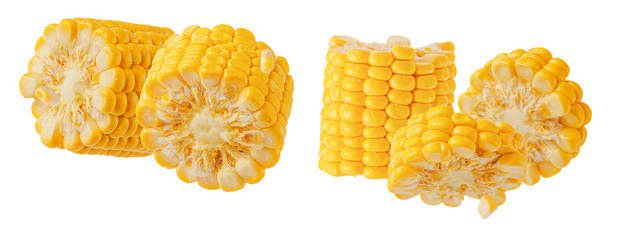 high-quality realistic photograph showcasing multiple cut sections of fresh, bright yellow corn on...