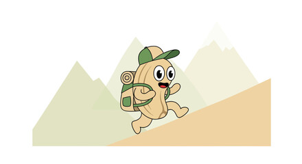 Adventurous Peanut Tourist Climbing A Mountain With A Backpack Smiling Cheerfully