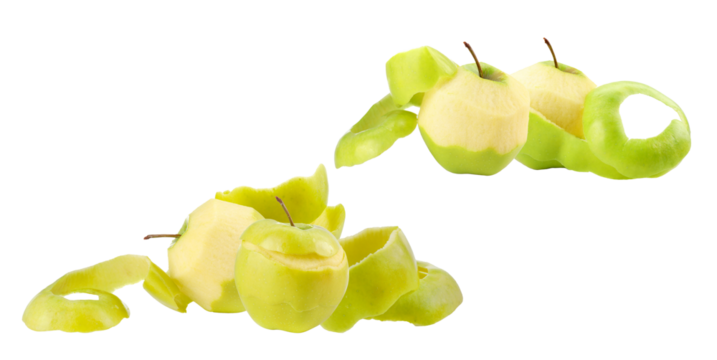 high-quality realistic photograph showing fresh, raw green apples partially peeled with long, coiled spirals of skin removed, isolated on a deep transparent background.