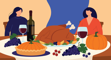 Two women gather around a festive dinner table, celebrating Thanksgiving with a roasted turkey, pumpkin pie, wine, and fresh fruit.