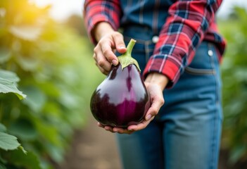 Man offering big purple eggplant in hands to camera, Vibrant glossy eggplant vegetable, tasting and selection scene. Organic food market. Close up of fresh farm product.