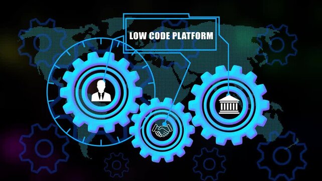  low code platform Concept Gears with Icons on world map Background