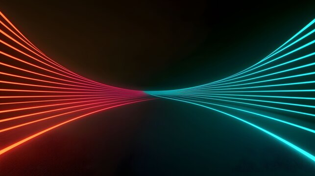 This image showcases converging lines of neon red and blue light against a dark background, creating an abstract and futuristic vibe with depth and contrasting colors.