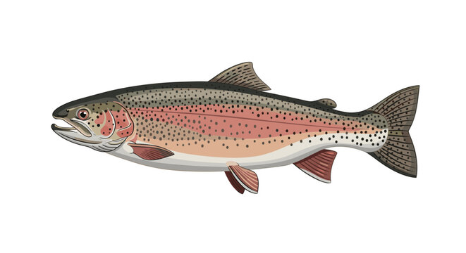 A colorful illustration of a rainbow trout in a side view, showcasing its distinct markings, including the prominent pink stripe and dark spots.