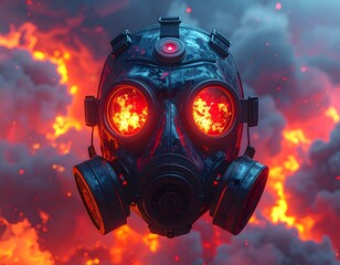 Futuristic gas mask, red glowing eyes, fire background