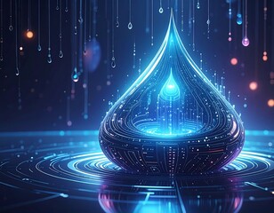 Futuristic digital water droplet, glowing with circuit board design