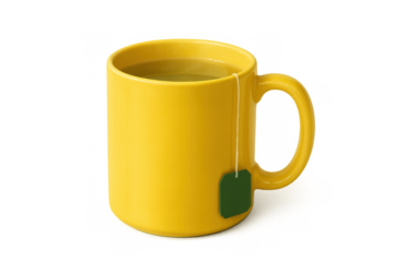 Yellow mug holding hot tea with a teabag for an herbal infusion, transparent background for versatile use