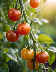 Fresh Ripe Cherry Tomatoes on the Vine with Dew Drops
