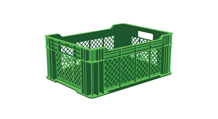 Empty green plastic crate, a common container used for storing and transporting fruits, vegetables, or other goods in various settings.