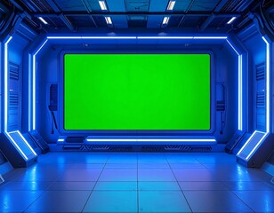 Futuristic interior of a spacecraft with a green screen display