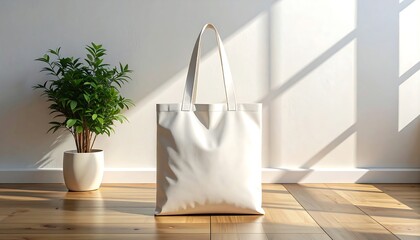 Minimalist Tote Bag Mockup with Plant and Sunlight.