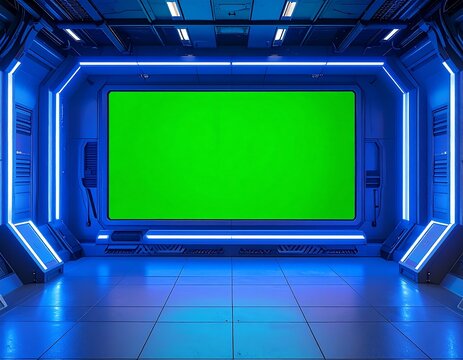 Futuristic interior of a spacecraft with a green screen display - Powered by Adobe