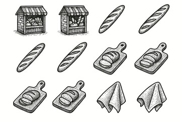 Collection baguette board bakery towel icon vector bread corner artisan icons
