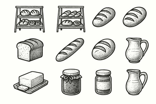 Icon bread jam rough display icons jug butter bakery table milk vector