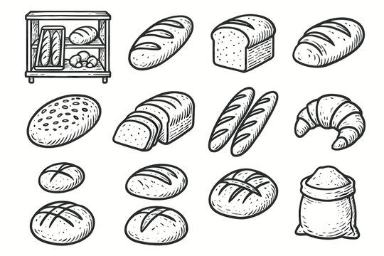 Drawing bread loaves flour selection fresh set vector croissant icon bag bakery