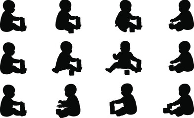 Baby silhouette sitting, playing with block, infant posture study, toddler activity, child development, black vector, isolated, white background, cute pose, early childhood, baby icon, playful kid, 