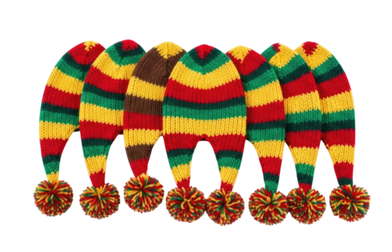 Colorful striped elf hats with pom poms transparent background cutout png