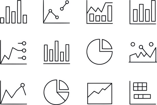 Collection of hand-drawn line art business and data charts graph statistics