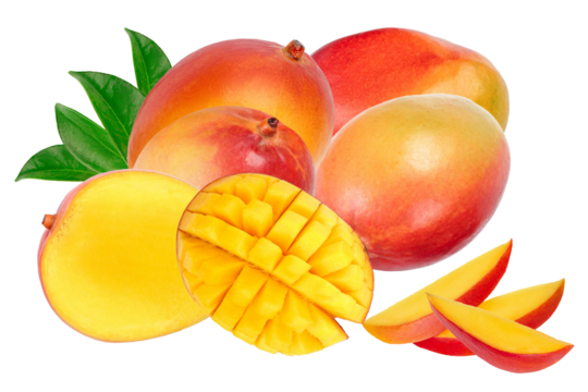 realistic photograph of a delicious mango composition featuring whole ripe fruits, slices, and a decorative cross-hatched half, isolated on black.